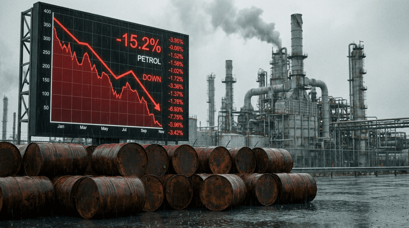 Petrol fiyatlarındaki düşüşü ve küresel arz artışını simgeleyen dijital grafik ve petrol varilleri.