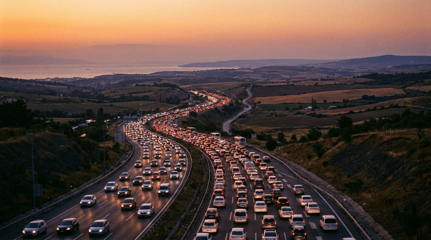 Kurban Bayramı tatilinde İstanbul-Tekirdağ karayolunda oluşan yoğun trafik.