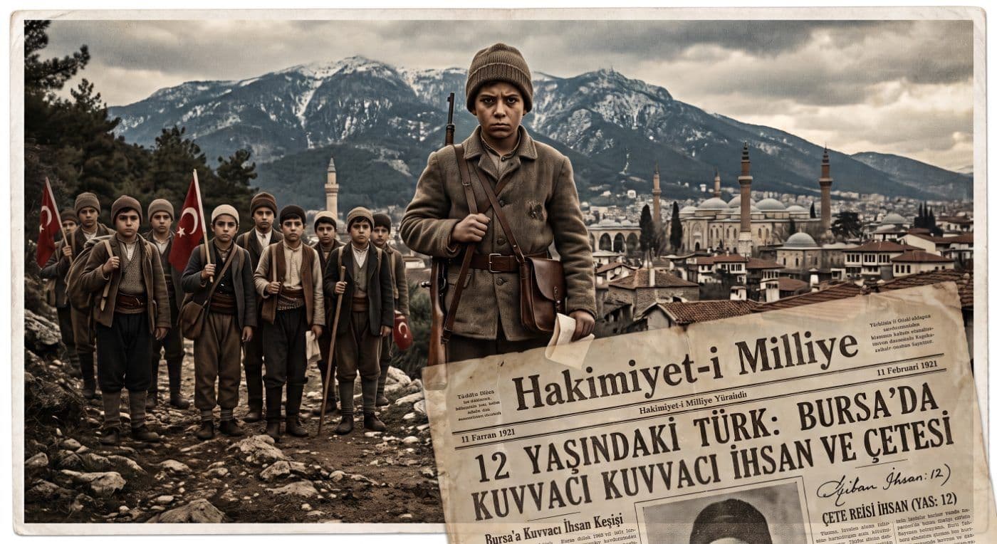 Bursa işgalinde Uludağ'a çıkan 12 yaşındaki Kuvvacı İhsan ve arkadaşları. Arka planda Bursa ve dağ manzarası.