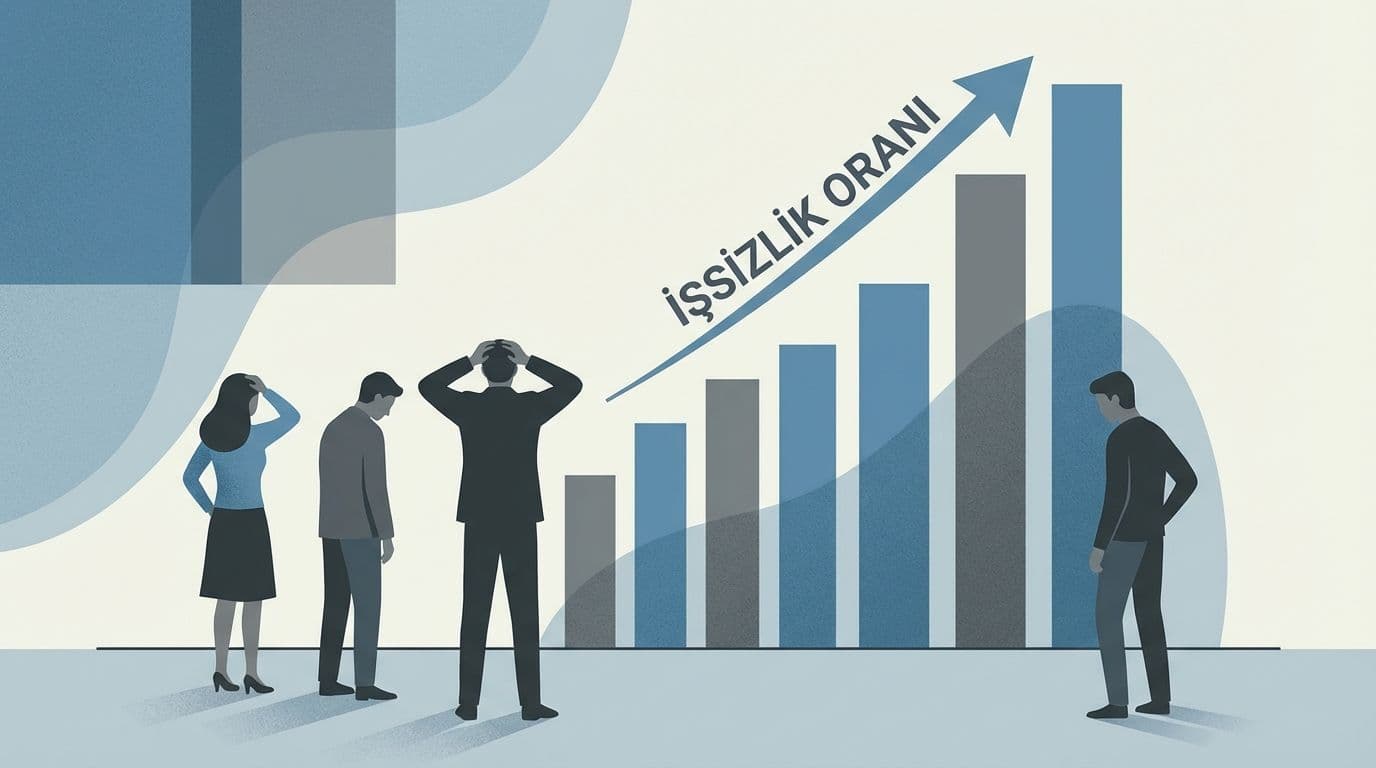 Türkiye'de artan işsizlik oranlarını gösteren bir grafik ve iş arayan insanları temsil eden silüetler.