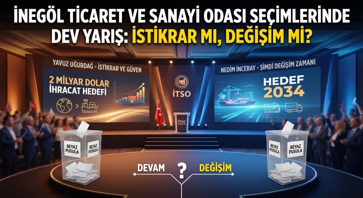 İnegöl Ticaret ve Sanayi Odası seçimlerinde Yavuz Uğurdağ ve Nedim İncebay'ın vizyonlarını temsil eden sahne ve oy sandıkları.