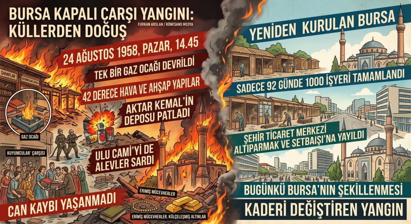 1958 Bursa Kapalı Çarşı yangınını ve sonrasında şehrin yeniden yapılanmasını gösteren illüstrasyon. Yangının nedenleri, etkileri ve Bursa'n…