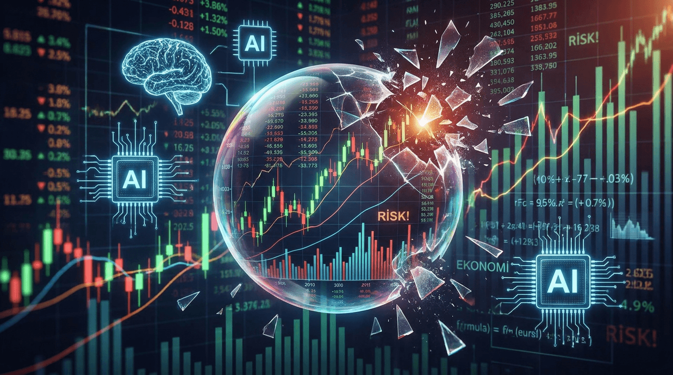 Yükselen borsa grafikleri, patlamak üzere olan bir balon ve yapay zeka sembolleri ile risk ve ekonomi temalı soyut bir görsel.