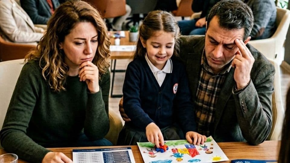 Özel okul ücretleri nedeniyle endişeli görünen anne baba ve okul üniformalı çocuk.