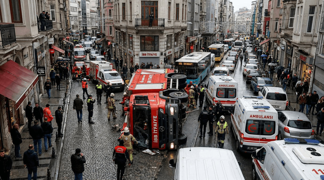 İstanbul'da kaza yapan, yan yatmış itfaiye aracı, olay yerinde ekipler ve trafik.