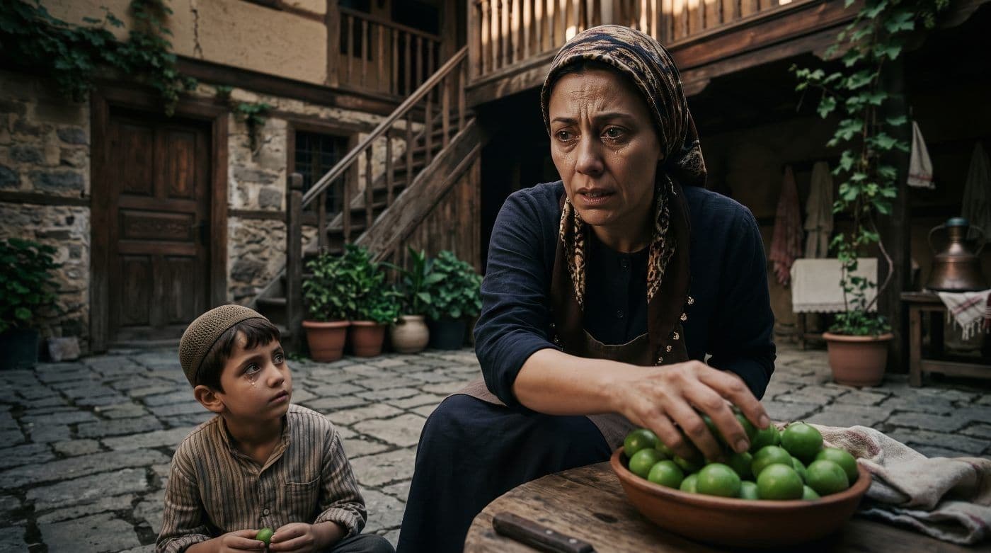 Bursa'da Yunan işgali sırasında, tarihi bir evin avlusunda oturan endişeli bir anne, yanında gözleri yaşlı küçük oğlu ve bir kase erik.