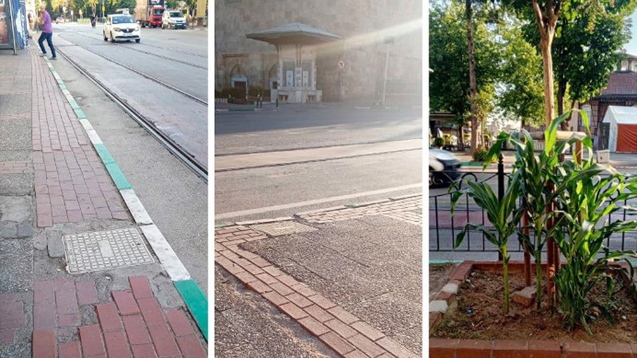 Bursa Atatürk Caddesi'ndeki yıpranmış, çatlak ve bakımsız kaldırımlar.