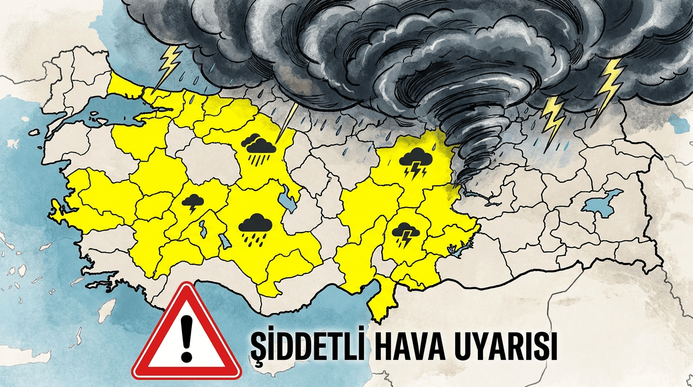 Türkiye haritası üzerinde sarı kodlu yağış uyarısı verilen iller, şiddetli yağmur ve fırtına sembolleri.