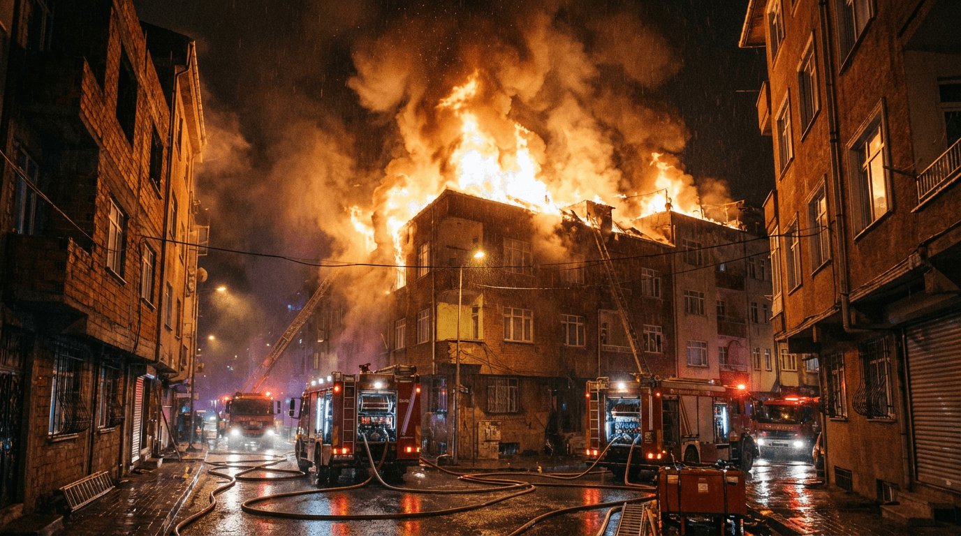 Esenyurt'ta çıkan çatı yangını, alevler ve dumanlar, itfaiye müdahalesi.