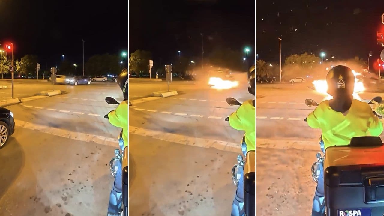 Mudanya'da trafik kazası sonrası alev alan otomobilin kask kamerasından görüntüsü.