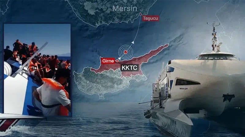 KKTC gemi faciası, Filo Jet, Girne, Taşucu, Mersin, harita, gemi, can yelekli insanlar.