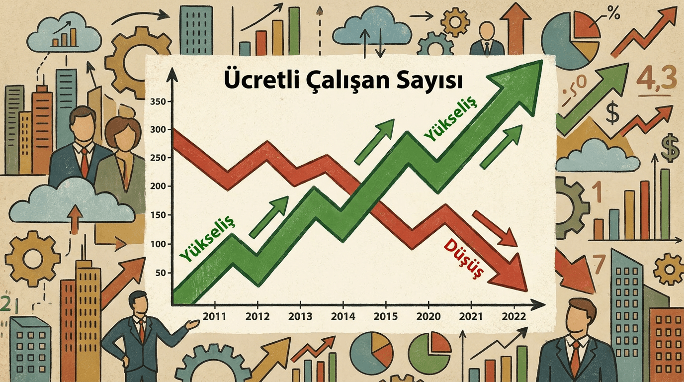 Ücretli çalışan sayılarındaki artış ve azalışı gösteren bir grafik illüstrasyonu.