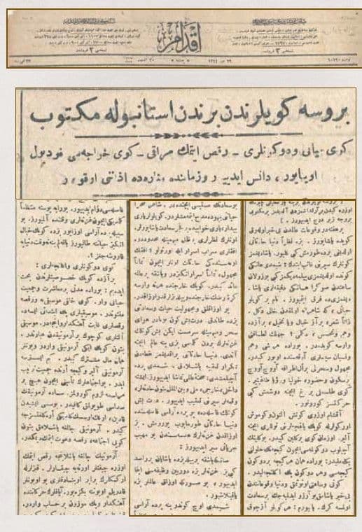 1925 yılı Bursa köyünde dans eden insanlar, akordeon çalan bir adam, tahta oturaklarla ritim tutan çocuklar ve süt satan köylüler.