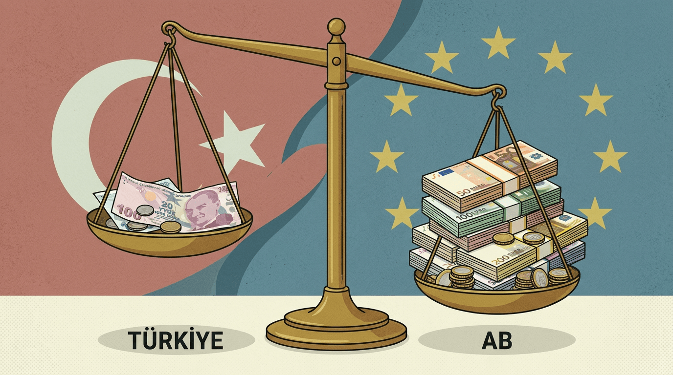 Türkiye ve Avrupa Birliği'nin satın alma gücü paritesini karşılaştıran terazi illüstrasyonu.