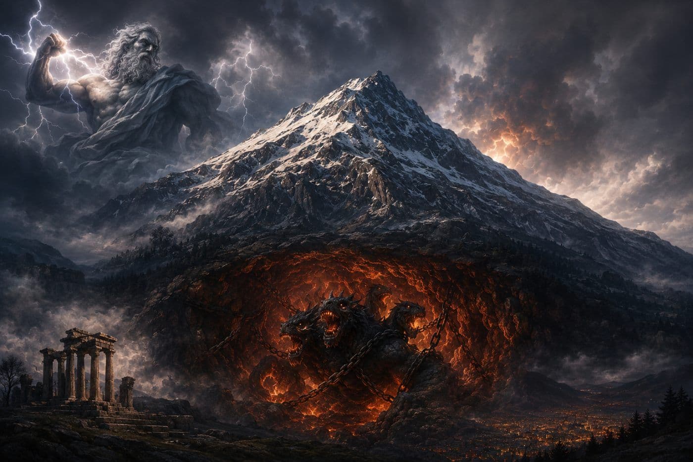Zeus'un yıldırımlar savurduğu, Uludağ'ın altında zincirlenmiş çok başlı dev Typhon'u gösteren mitolojik sahne.