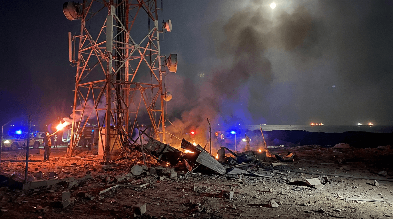 İran'ın Sirik kentinde patlama sonrası hasar görmüş iletişim kulesi