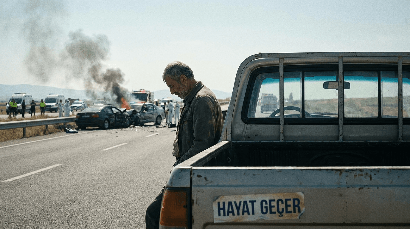 Mardin Derik'te meydana gelen trafik kazası sonrası olay yerini gösteren sembolik bir çizim.