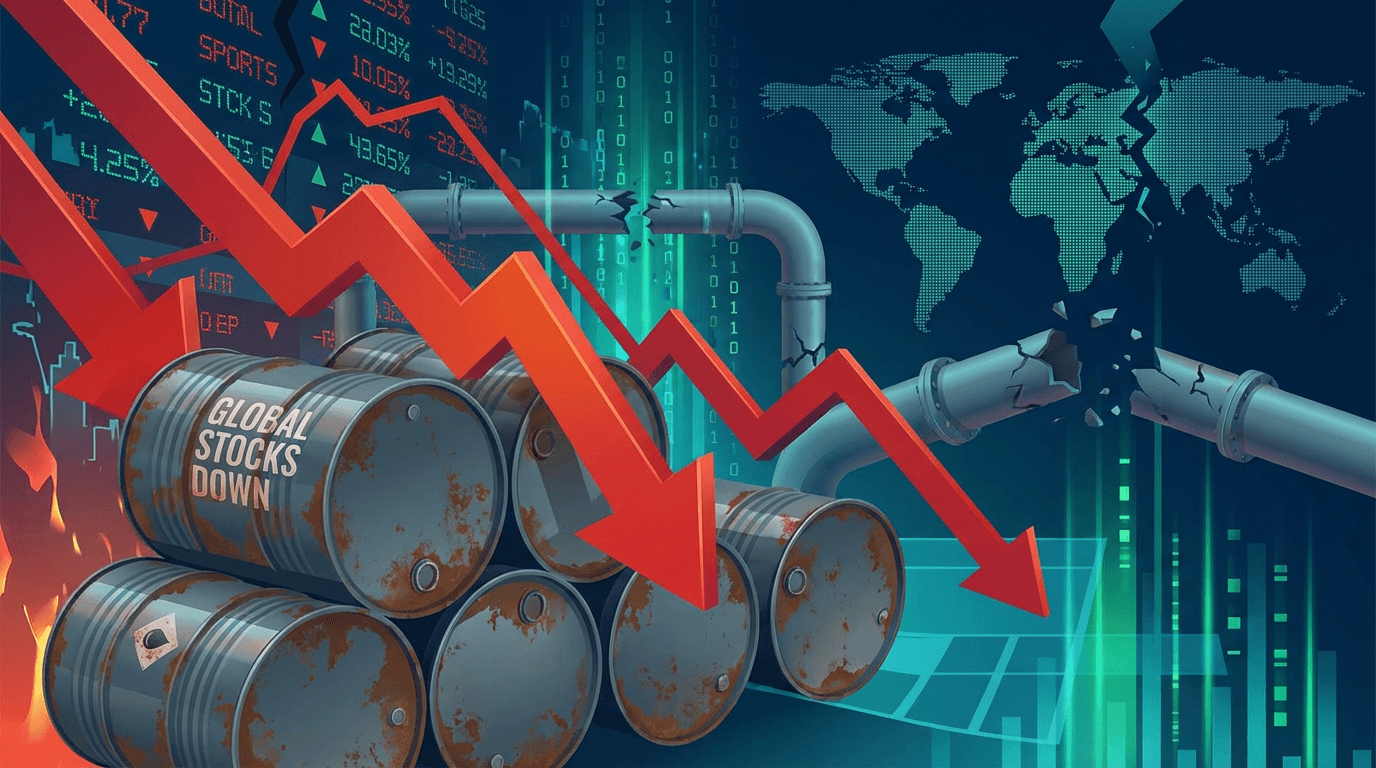 ABD ham petrol stoklarındaki düşüşü simgeleyen petrol varilleri ve aşağı yönlü grafik oku.