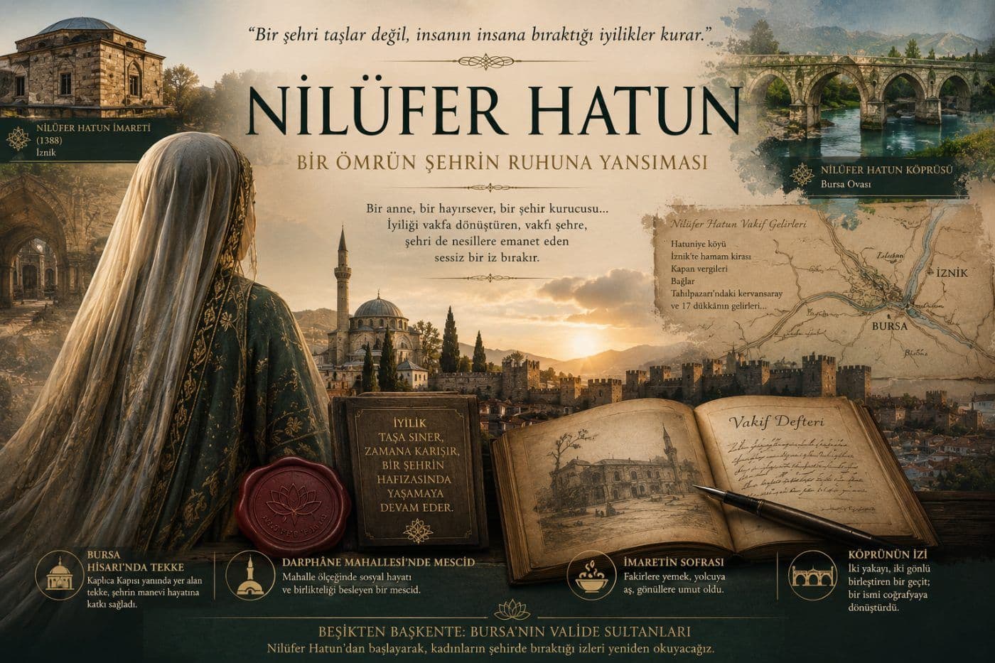 Nilüfer Hatun'un Bursa'ya bıraktığı imaret, köprü, tekke ve mescit gibi eserleri gösteren, hayatını ve vakıflarını anlatan görsel.