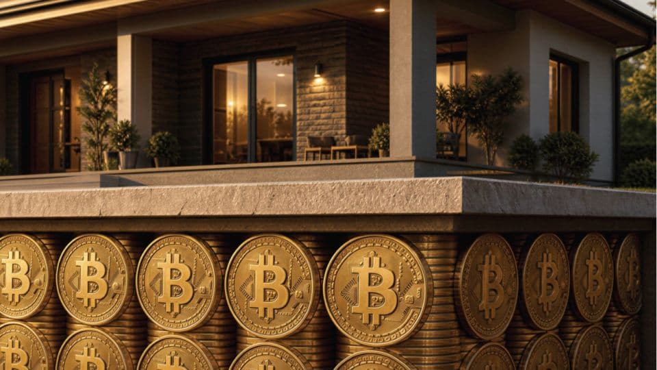 Bitcoin logolu madeni paraların oluşturduğu bir temel üzerinde modern bir ev.
