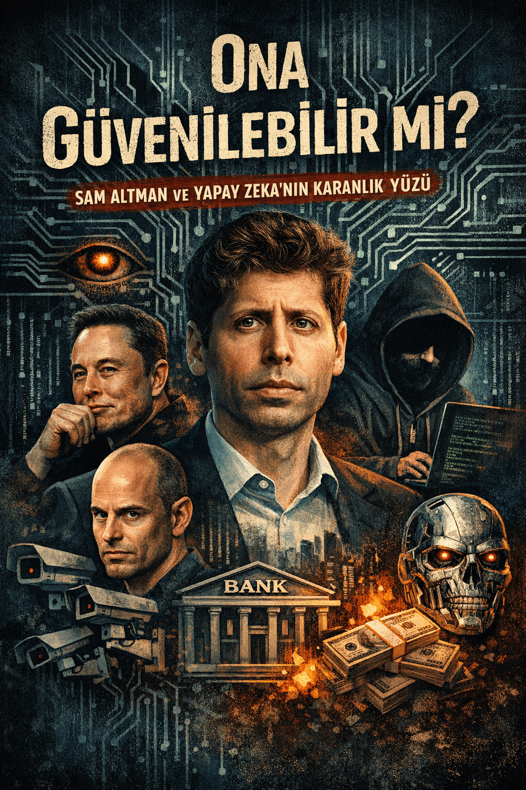 Sam Altman, Elon Musk, yapay zeka ve siber güvenlik temalı kolaj afiş.
