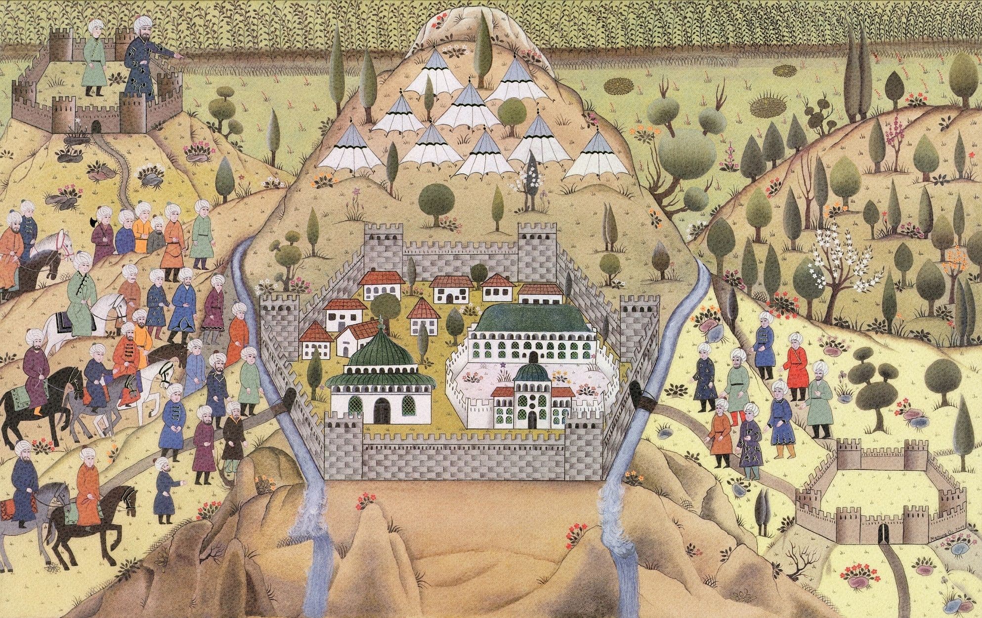 Osmanlı minyatürü: Bursa kuşatması sırasında şehri çevreleyen tepelerdeki askerler, çadırlar ve surlarla çevrili şehir.