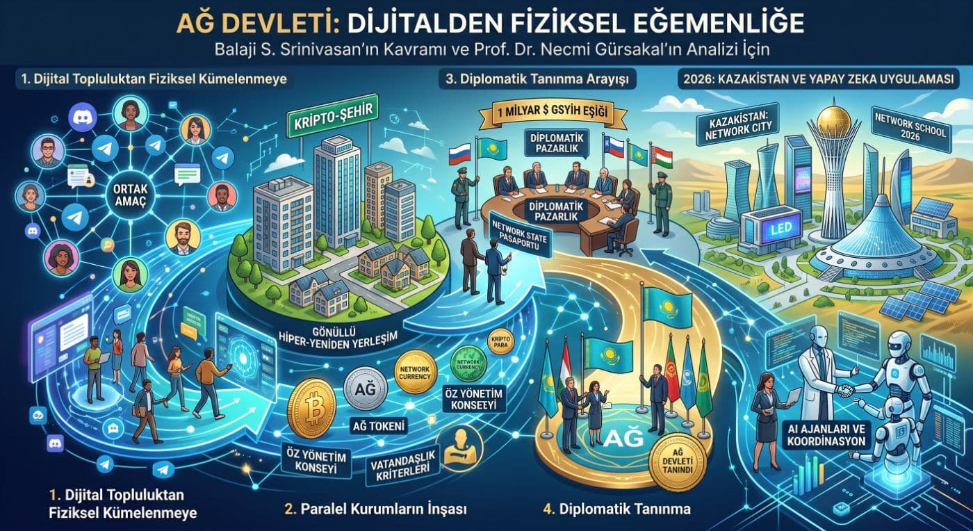 Ağ Devleti kavramının dijital topluluktan fiziksel egemenliğe geçiş aşamalarını, diplomatik tanınma ve Kazakistan uygulamasını gösteren inf…