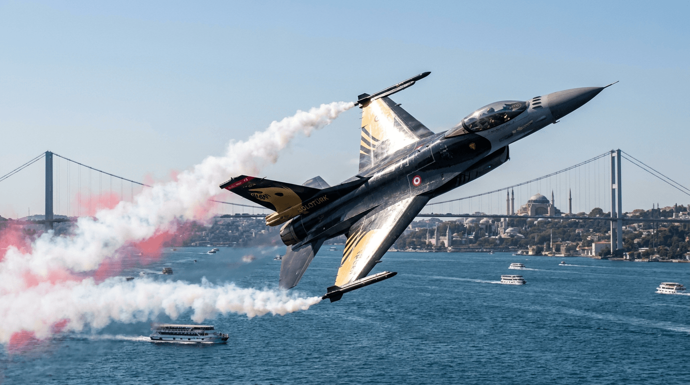 SOLOTÜRK F-16 uçağı İstanbul Boğazı üzerinde uçuş yaparken, arkasında duman izi bırakıyor.