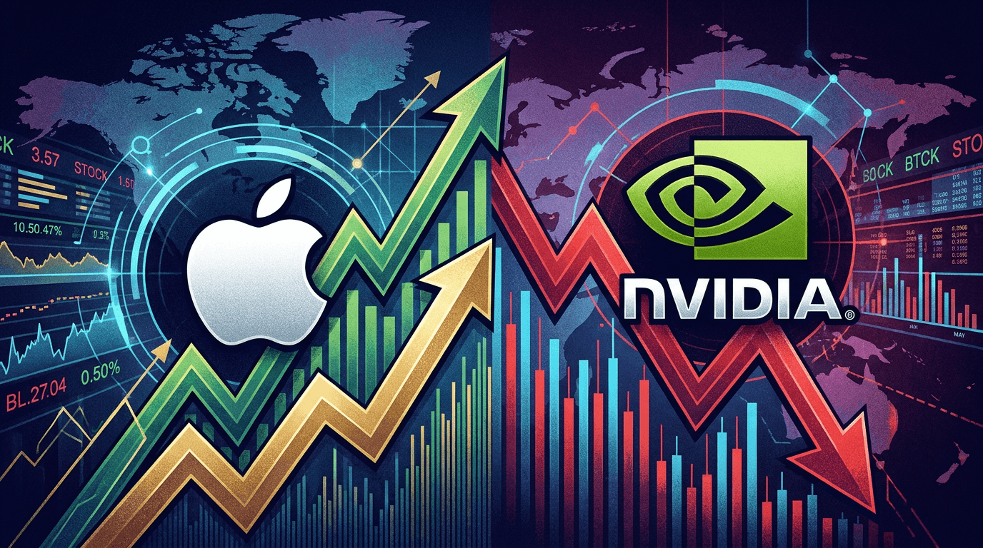 Apple ve Nvidia logoları, finansal grafikler, küresel piyasa