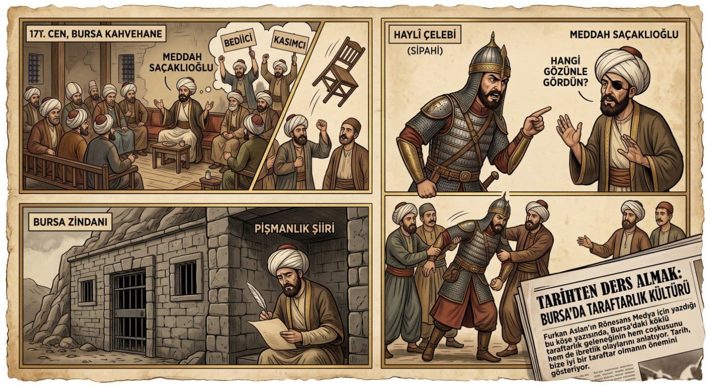 17. yüzyıl Bursa'sında taraftarlık kültürünü anlatan çizgi roman panelleri: Meddah Saçaklıoğlu, Haylî Çelebi ve Bursa Zindanı sahneleri.