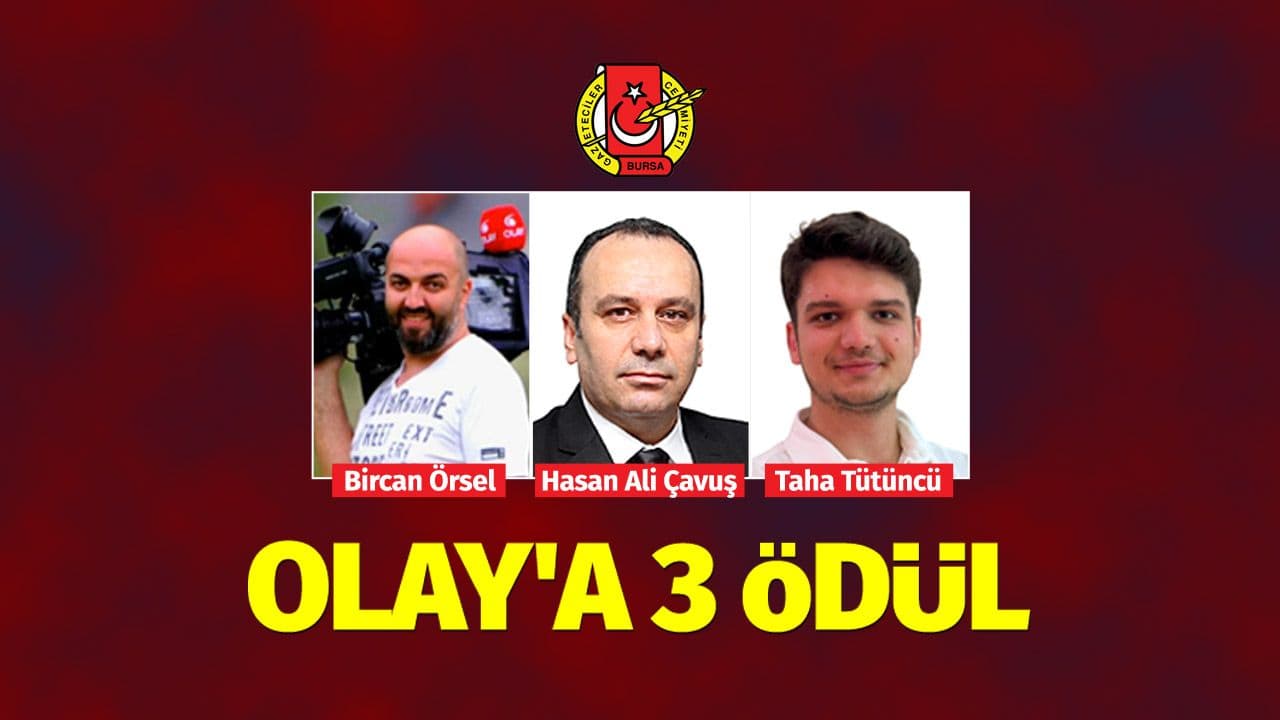 Olay Medya'dan Bircan Örsel, Hasan Ali Çavuş ve Taha Tütüncü'nün Bursa Gazeteciler Cemiyeti logosuyla birlikte yer aldığı görsel.