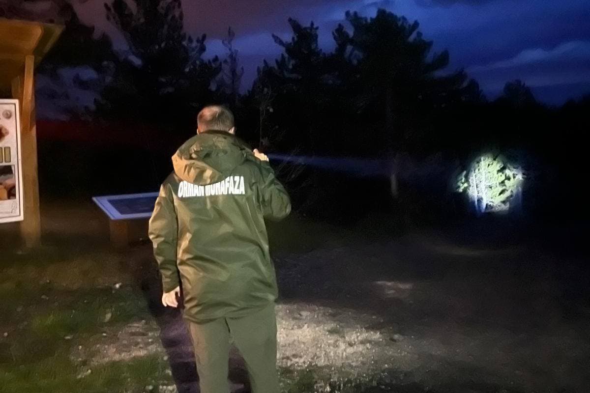 Bursa ormanlarında gece devriyesi yapan bir orman muhafaza memuru, el feneriyle ormanı aydınlatıyor.