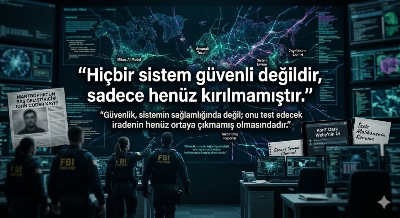 FBI ajanları, siber güvenlik kontrol odasında Mikos AI modelini ve anomali tespitlerini gösteren ekranlara bakıyor. "Hiçbir sistem güvenli…
