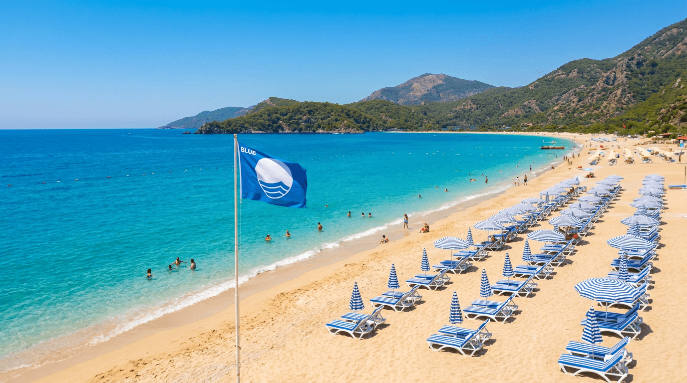Antalya'da Mavi Bayraklı bir plajın güneşli bir günde çekilmiş genel görünümü.