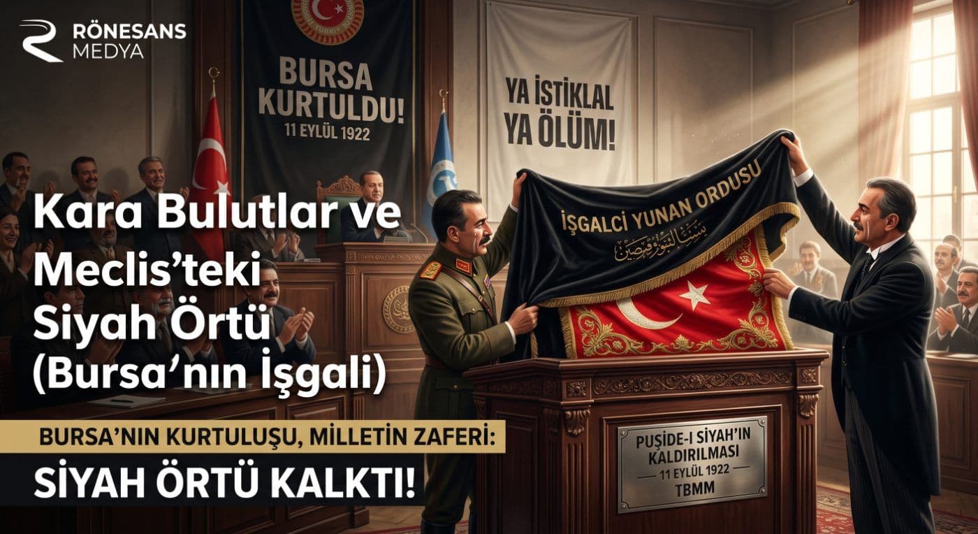 TBMM'de Bursa'nın kurtuluşu sonrası kürsüdeki siyah örtünün kaldırılması ve Türk bayrağının ortaya çıkışı.