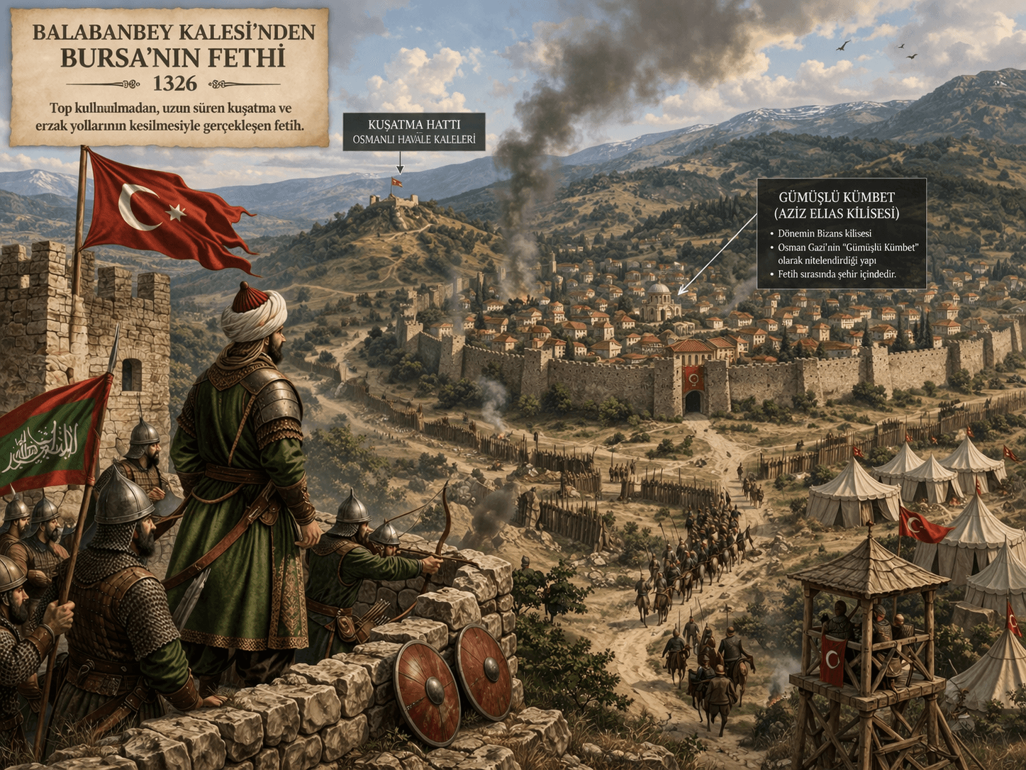 Balabanbey Kalesi'nden Bursa'nın 1326'daki fethini gösteren, Osmanlı askerlerinin kuşatma hattında olduğu tarihi illüstrasyon.