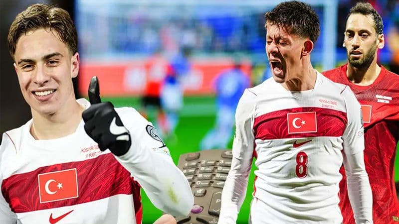 A Milli Futbol Takımı oyuncuları ve şifreli yayınları simgeleyen bir televizyon kumandası kolajı.
