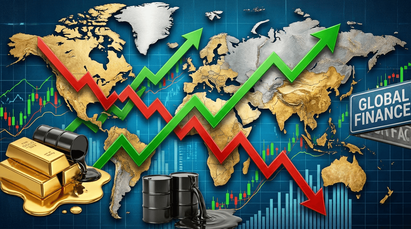 Küresel ekonomi, faiz kararları, OPEC, altın ve petrol piyasalarını simgeleyen grafikler ve dünya haritası.