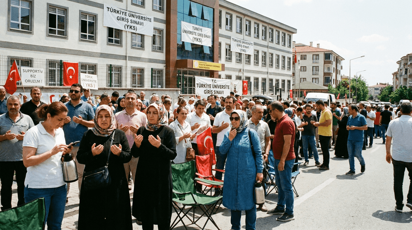 YKS sınavı sırasında okul bahçesinde çocuklarını bekleyen veliler.