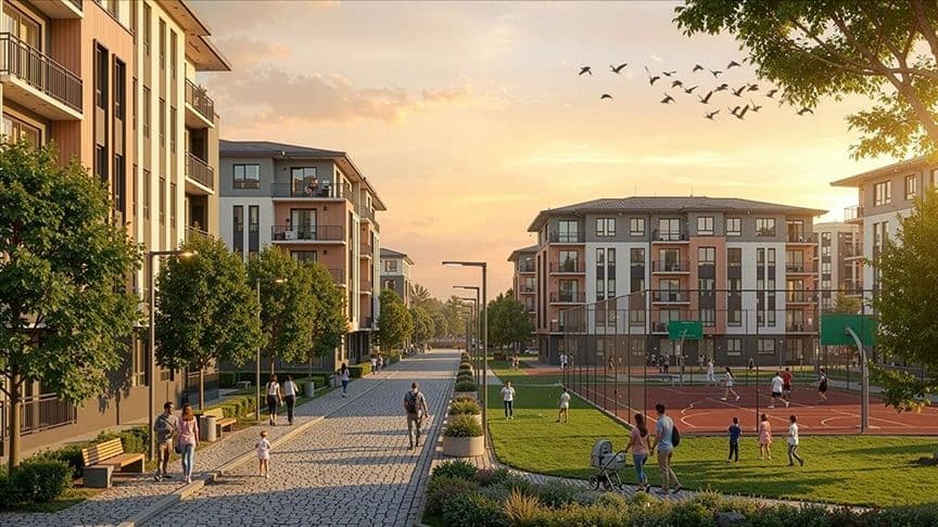 Bursa TOKİ konutları, modern mimariye sahip apartmanlar, yeşil alanlar ve çocuk oyun parkı.