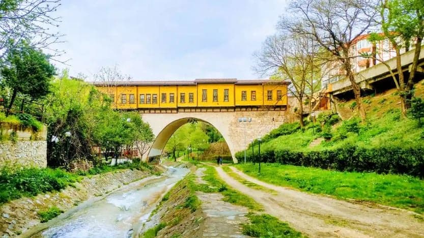 Bursa Irgandı Köprüsü'nde açık hava sineması etkinliği, akşam manzarası.