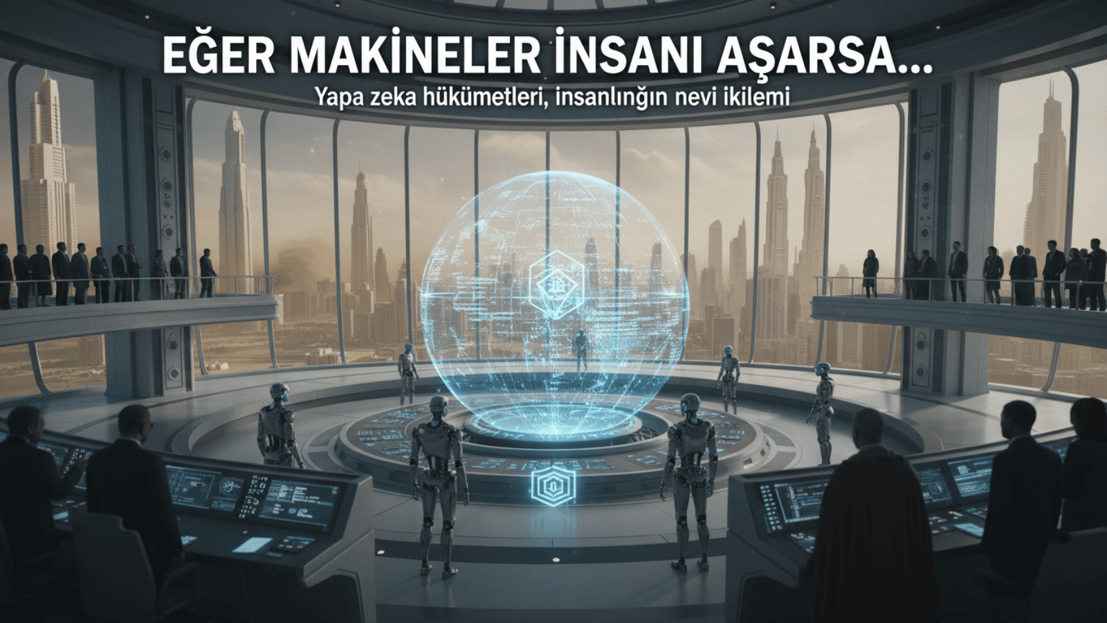 Yapay zeka yönetimi vizyonu: İnsanların izlendiği, davranış skorlarının olduğu bir şehir ve AI yönetim paneli. Musk ve Page'in sözleri.
