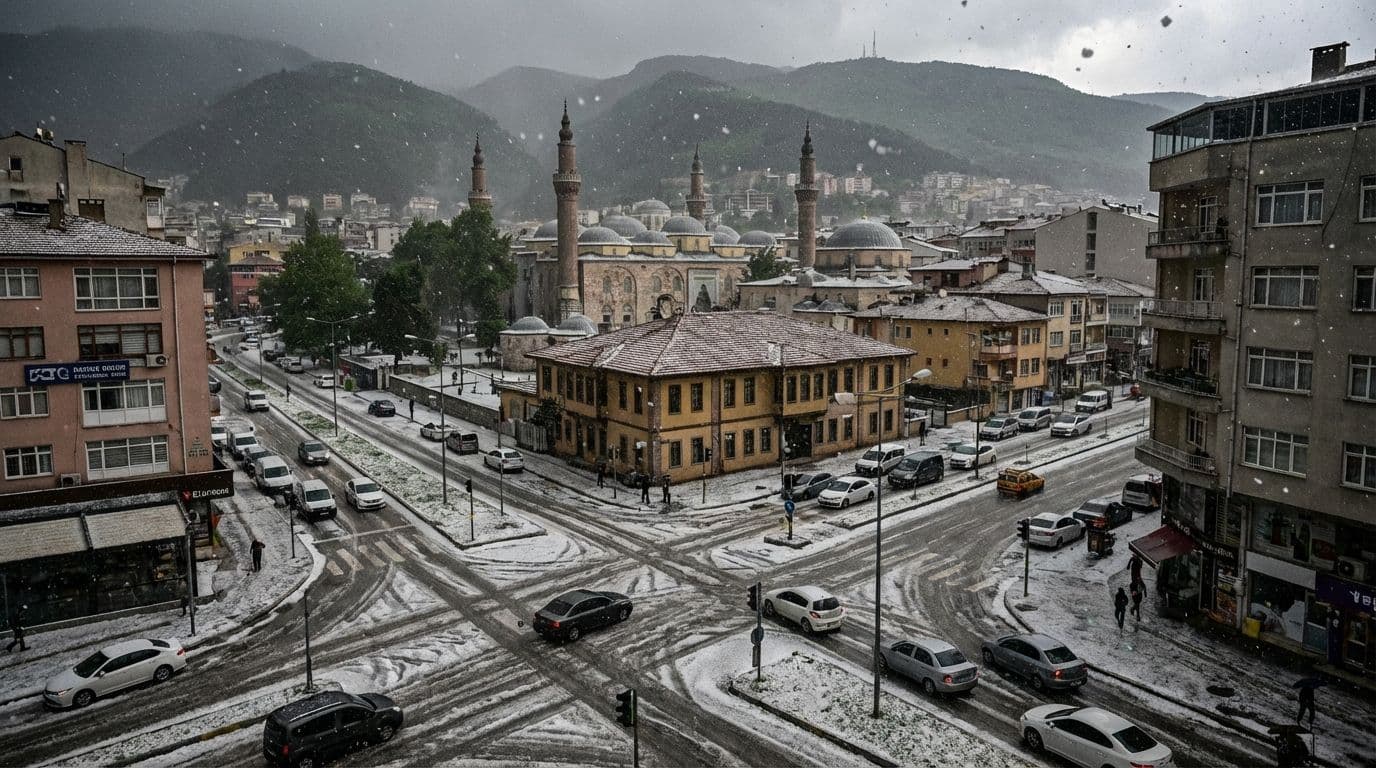 Bursa'da dolu yağışı sonrası ıslak yollar ve araçlar.