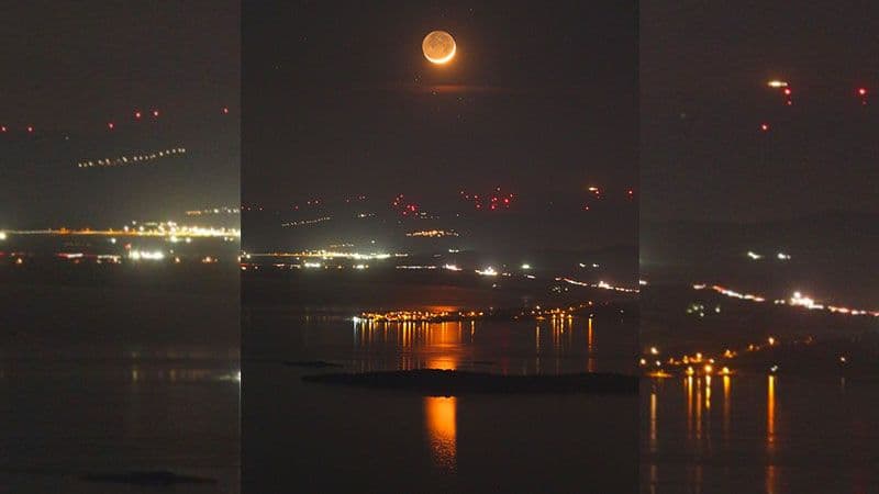 Bursa Uluabat Gölü üzerinde hilal ay ve Ülker yıldız kümesi, gece manzarası.