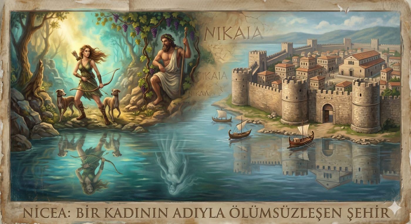 Antik Nicea şehrinin mitolojik kökenini anlatan bir illüstrasyon. Okçu Nikaia, tanrı Dionysos ve göl kenarındaki surlarla çevrili kadim İzn…