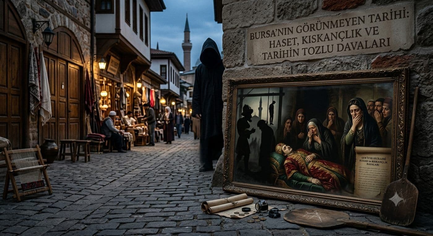 Bursa'nın tarihi sokağında, haset ve kıskançlık temalı bir tablo ile eski belgeler. Arka planda çarşı ve minare görülüyor.
