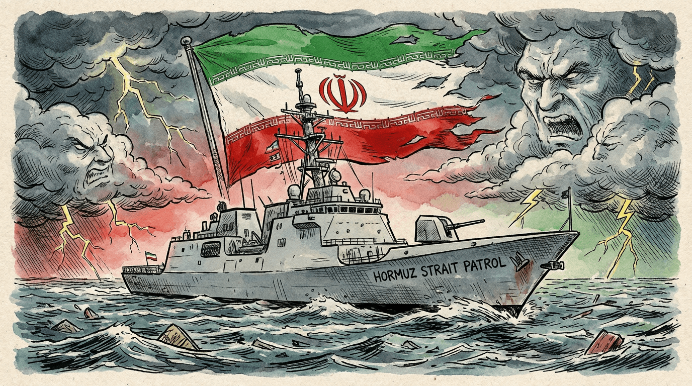 Hürmüz Boğazı'nda seyreden bir savaş gemisinin editoryal illüstrasyonu.