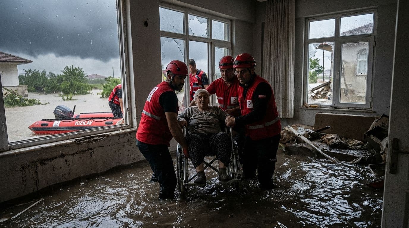 Hatay'da sel sularında mahsur kalan felçli vatandaşı Kızılay kurtardı