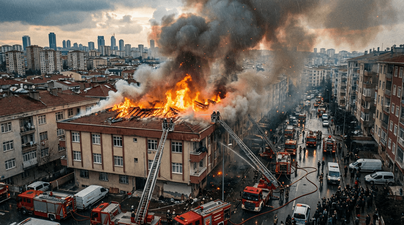 Esenyurt'ta çatı yangını, alevler ve dumanlar, itfaiye ekipleri müdahale ediyor.