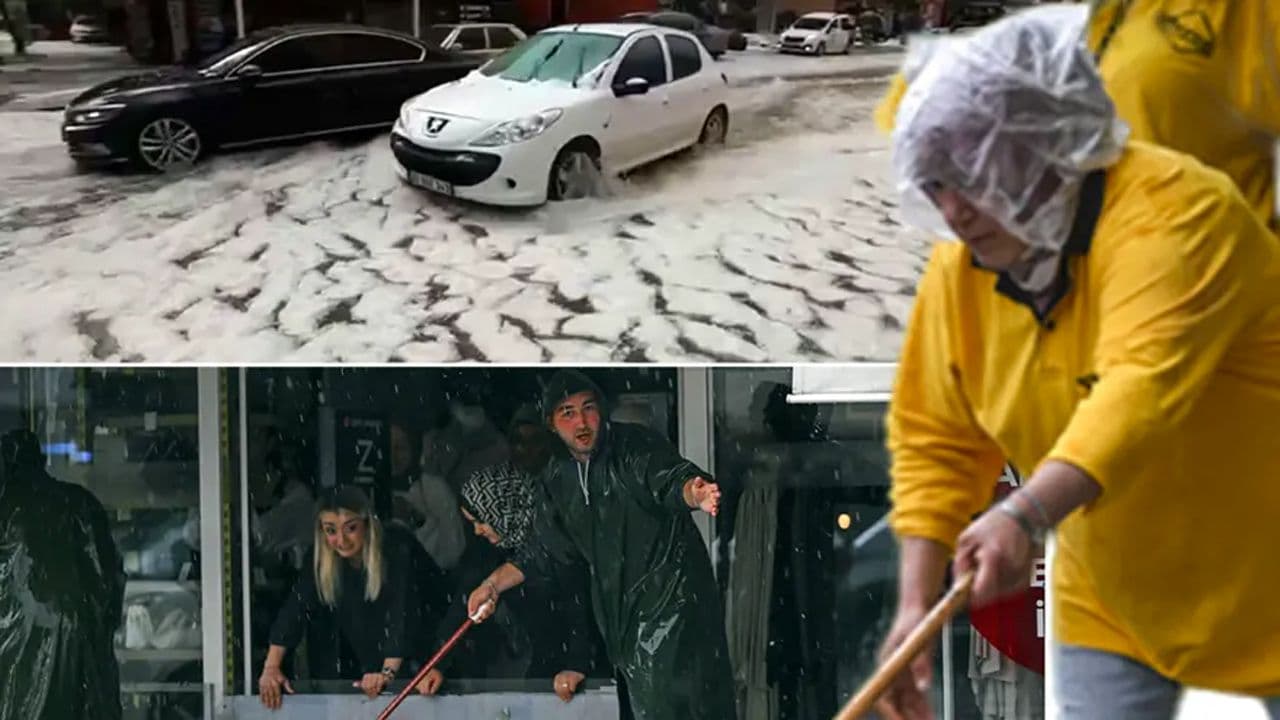 Ankara'da şiddetli dolu yağışı sonrası beyaza bürünmüş cadde ve su birikintileri, trafikte zorlanan araçlar ve vatandaşlar.